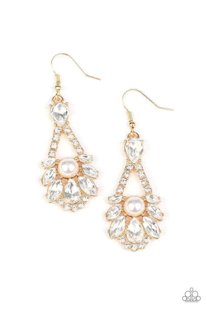 Prismatic Presence - Gold Pearl Rhinestone Earrings