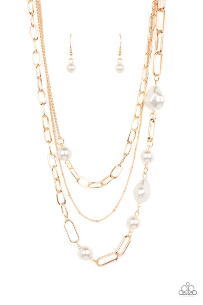 Modern Innovation - Gold and Pearl Necklace - Paparazzi Accessories 